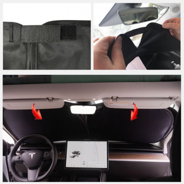YIDEEAUTO Tesla Model 3 Windshield Sunshade, 240T Polyester for Front Tesla Model Y Window Sun Shade Cover Blocks UV Heat, Folding Sun Visor Protector Keeps Tesla Model 3/Y Cool 2016-2023